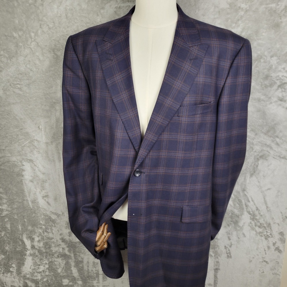 Ranieri Uomo 48L Navy Plaid Super 150s Wool Italy Blazer Suit Jacket Sport Coat